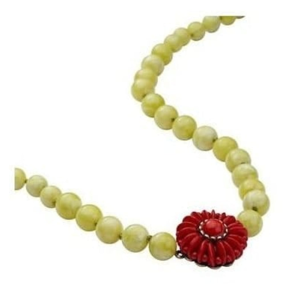 Ladies Celery Coloured Beads & Red Flower Necklace