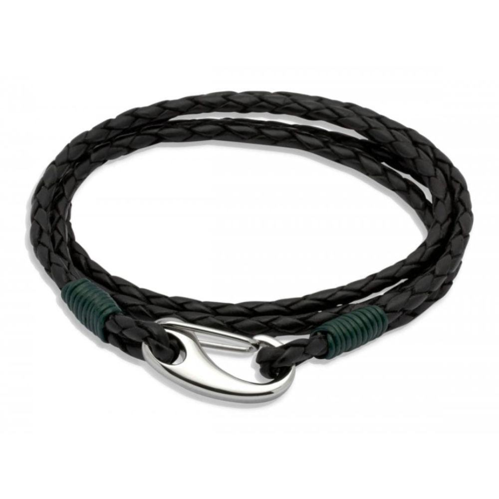 Black Leather Bracelet With Steel Shrimp Clasp-Dk. Green Binding