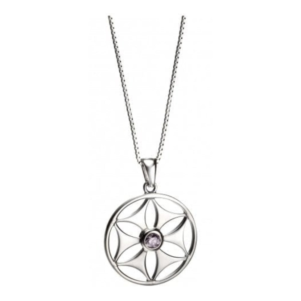 Ladies Sterling Silver Circular Pendant Necklace With Cubic Zirconia