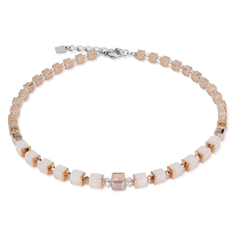 Beige & Rose Gold Plated Cube Necklace With Swarovski Crystals