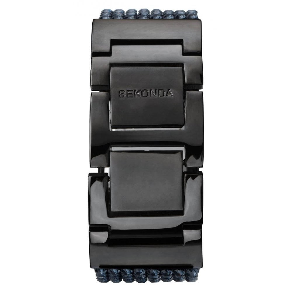 Shimmer Gun Metal Plated Stone Set Case With Black Dial & Black Leather Strap With Crystals Ladies Watch