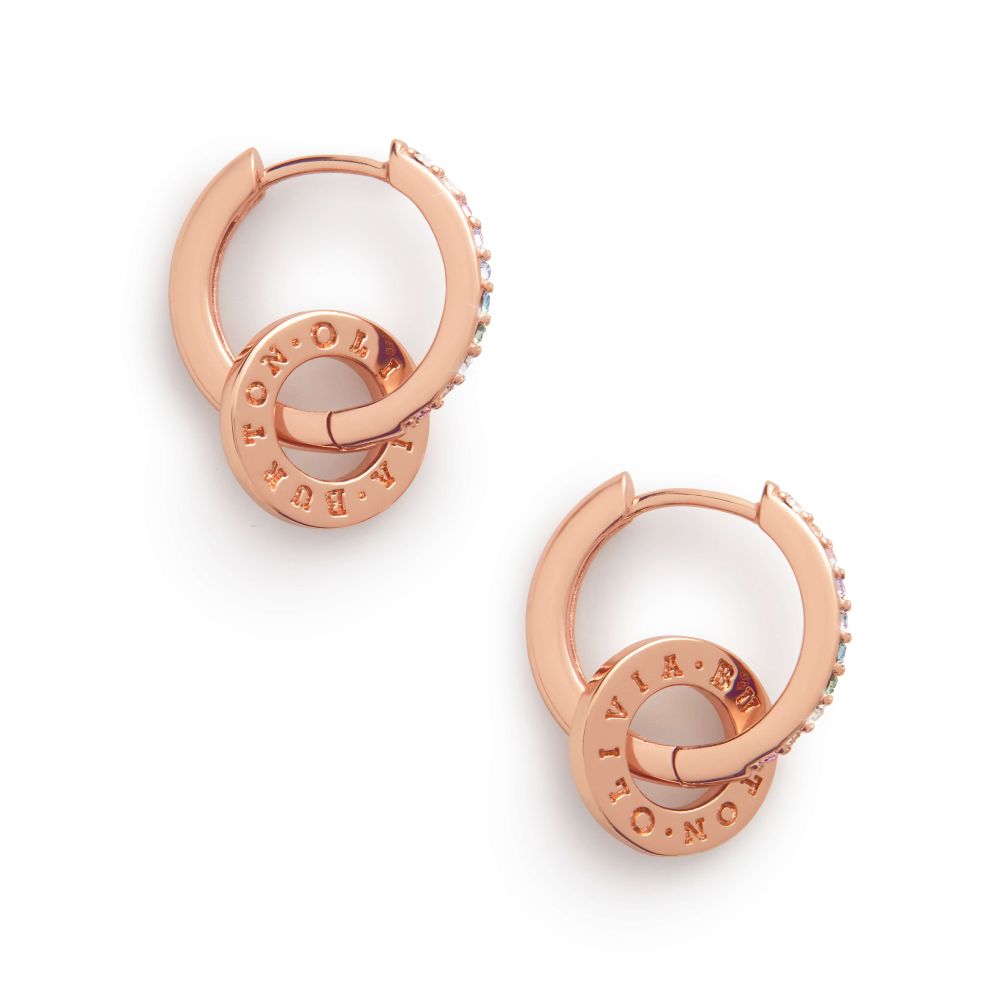 Bejewelled Rainbow Classic 18K Rose Gold Plating Huggie Hoops & Charms Earrings