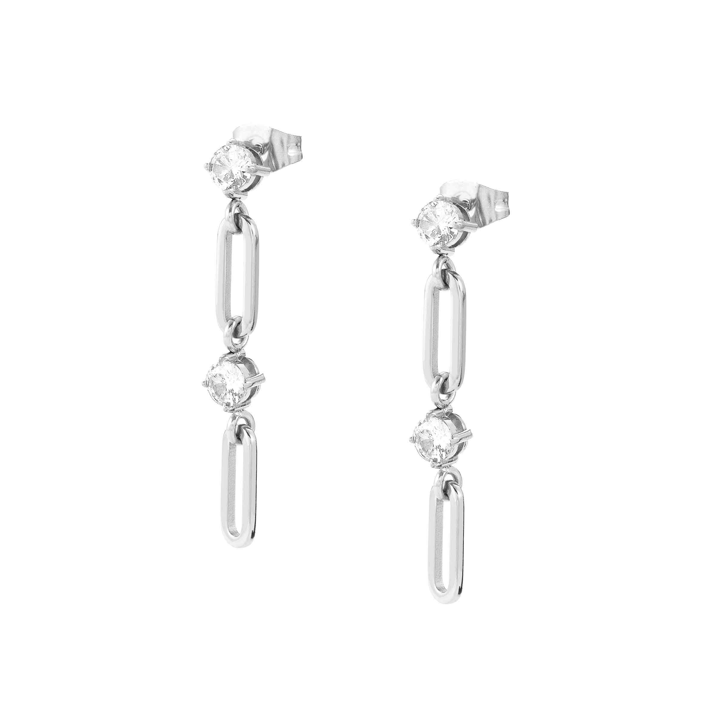 CHAINS OF STYLE Drop Earrings In Steel & White CZ