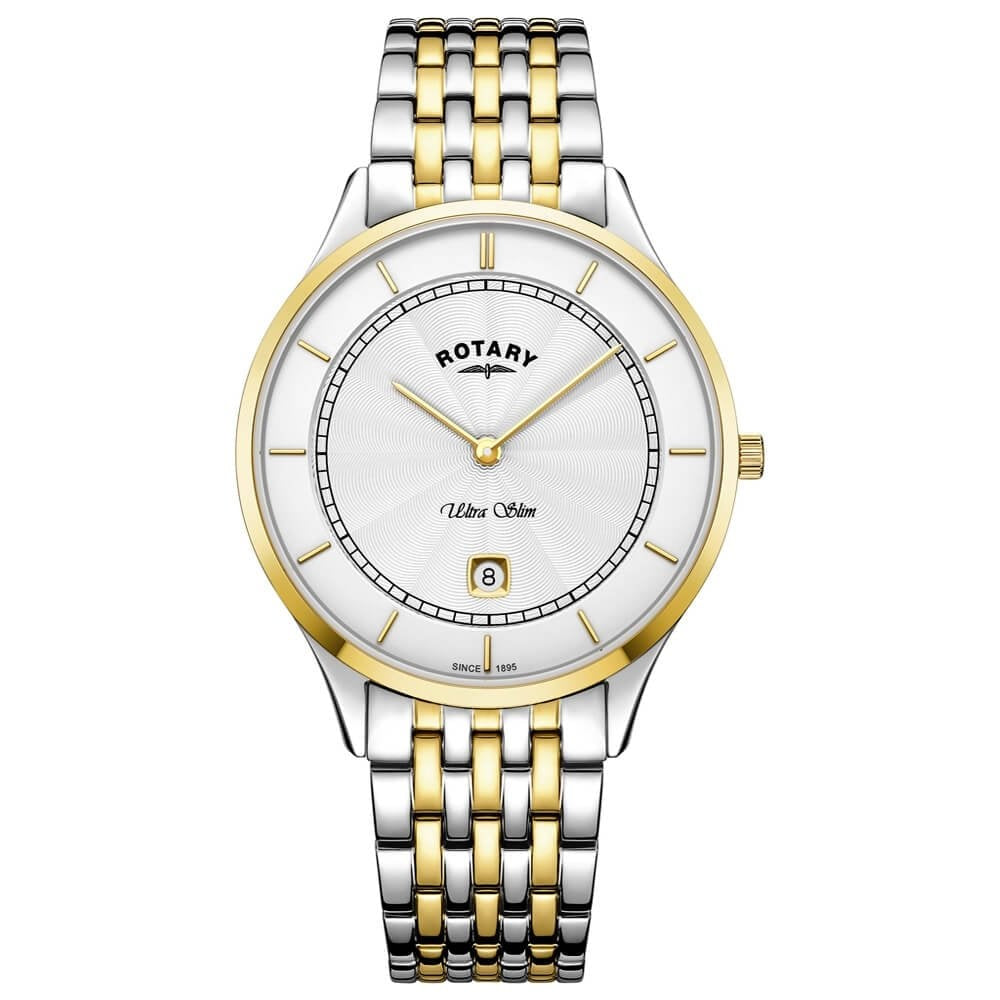 Ultra Slim White Face Two Tone Stainless Steel Bracelet Strap Gents Watch
