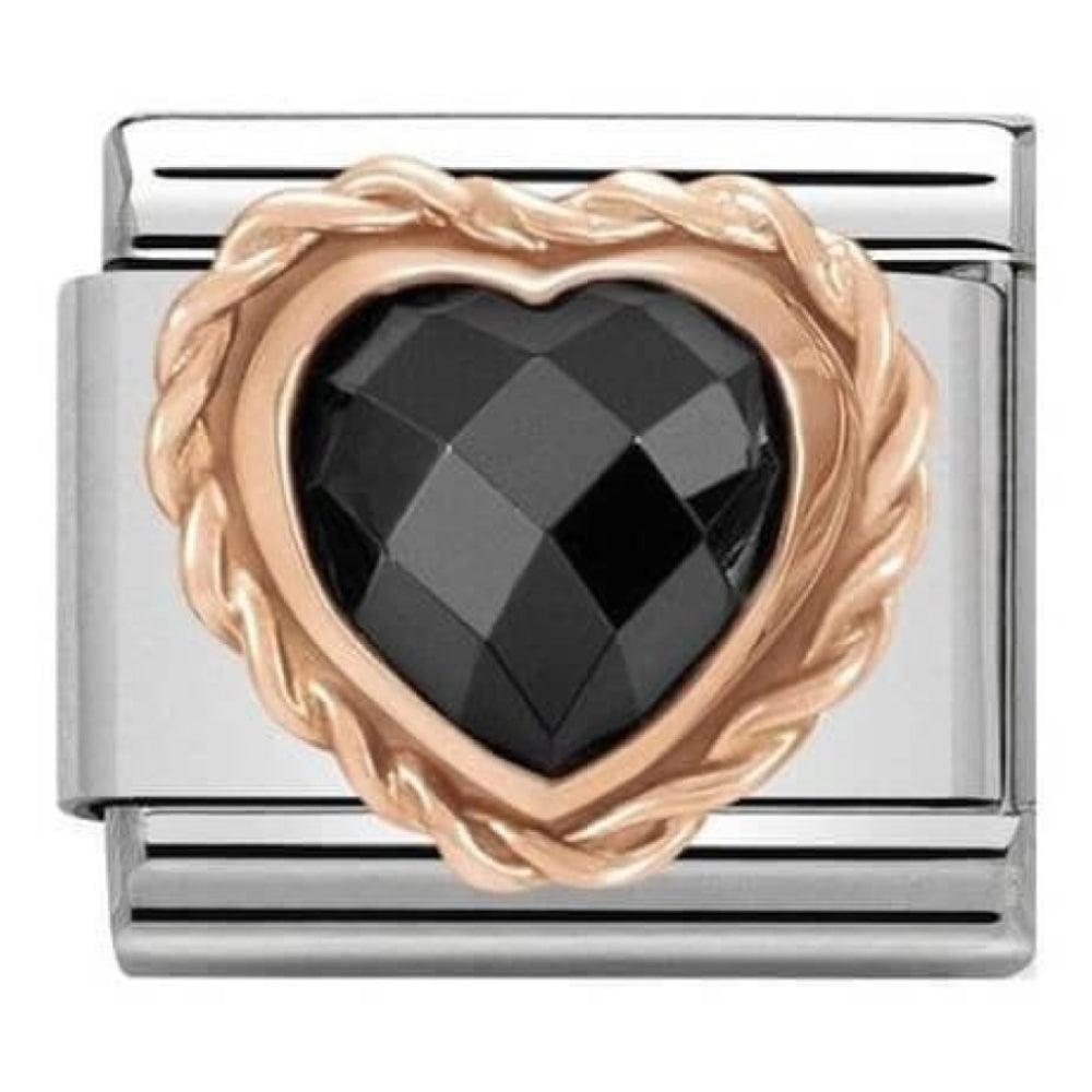 Classic Rose Gold Faceted Heart With Black CZ Stone & Stainless Steel Link