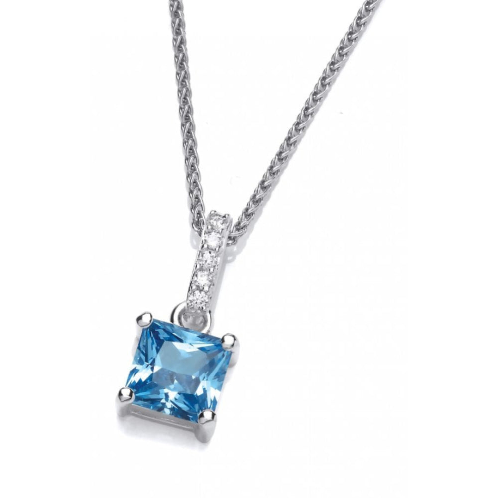 Aqua CZ Square Crystal Pendant With Long Bail & Chain