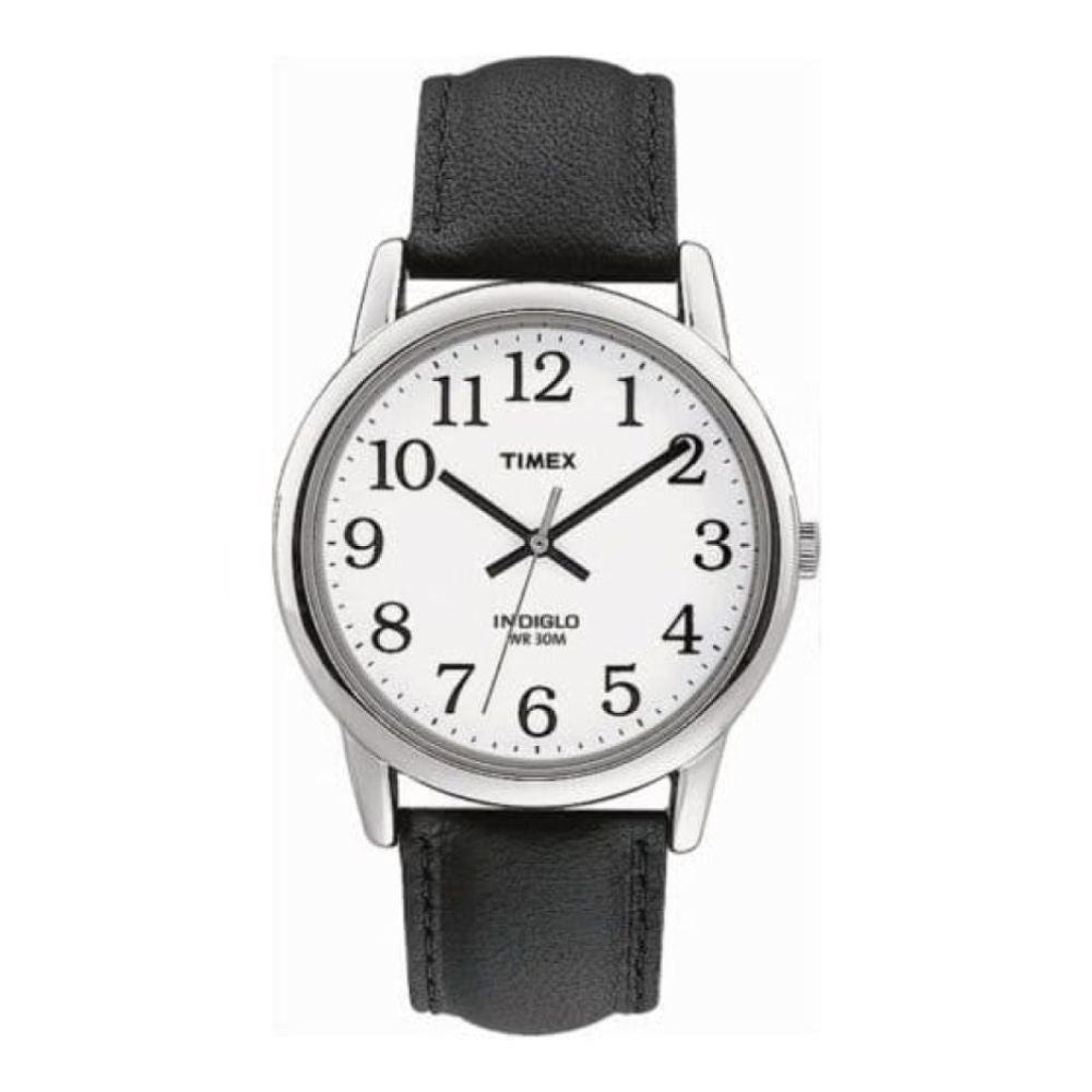 Gents Polished Stainless Steel Black Leather Wristwatch