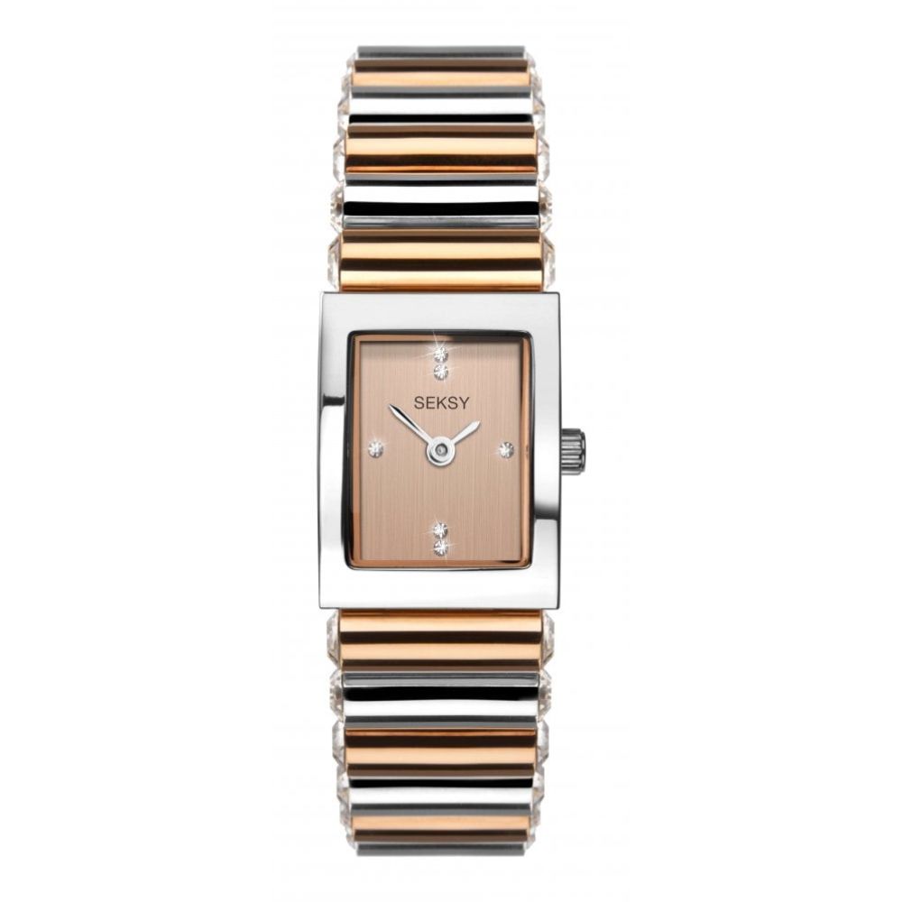Rectangular Silver Tone Case With Silver Stone Set Dial & Two Tone Rose Gold Bracelet Strap Ladies Watch