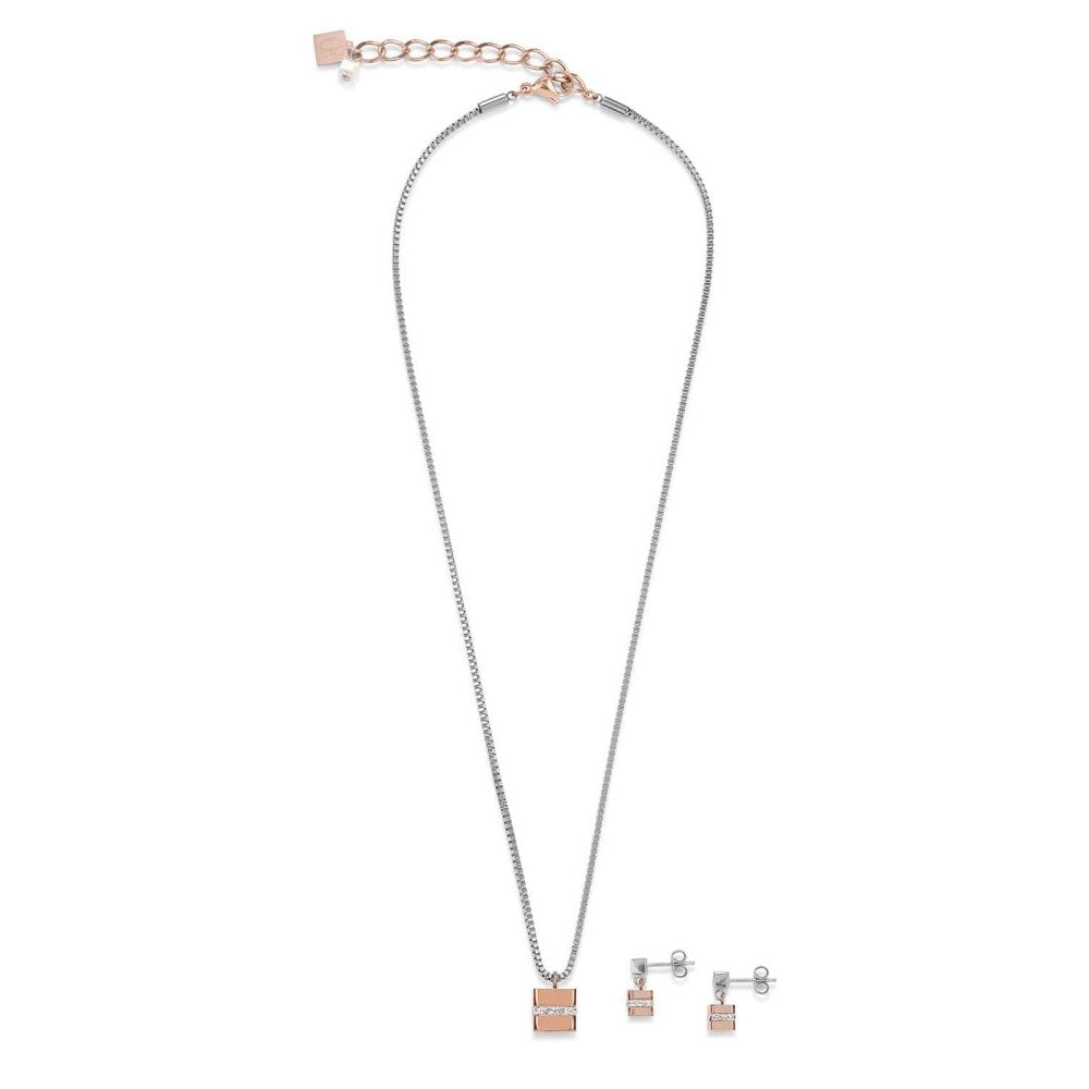 Rose Gold-Silver Cube Pendant Stainless Steel Chain Necklace