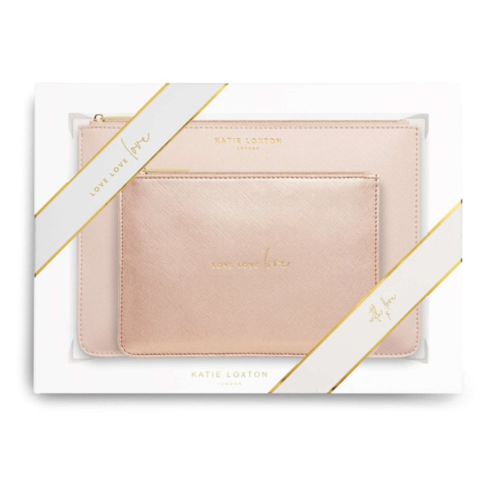 PERFECT POUCH GIFT SET - LOVE LOVE LOVE - Taupe and Metallic Rose Gold - 29x21x2.5cm (boxed)