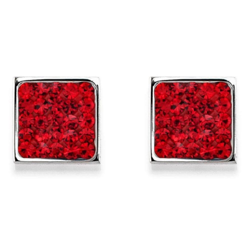 Square Earrings with Stickpin & Red Swarovski Crystals