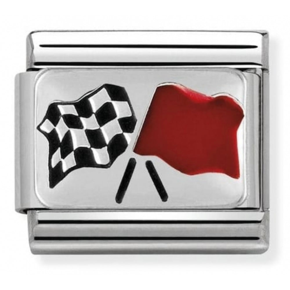 Classic Chequered Flag In Stainless Steel, Enamel & Silver 925 Charm