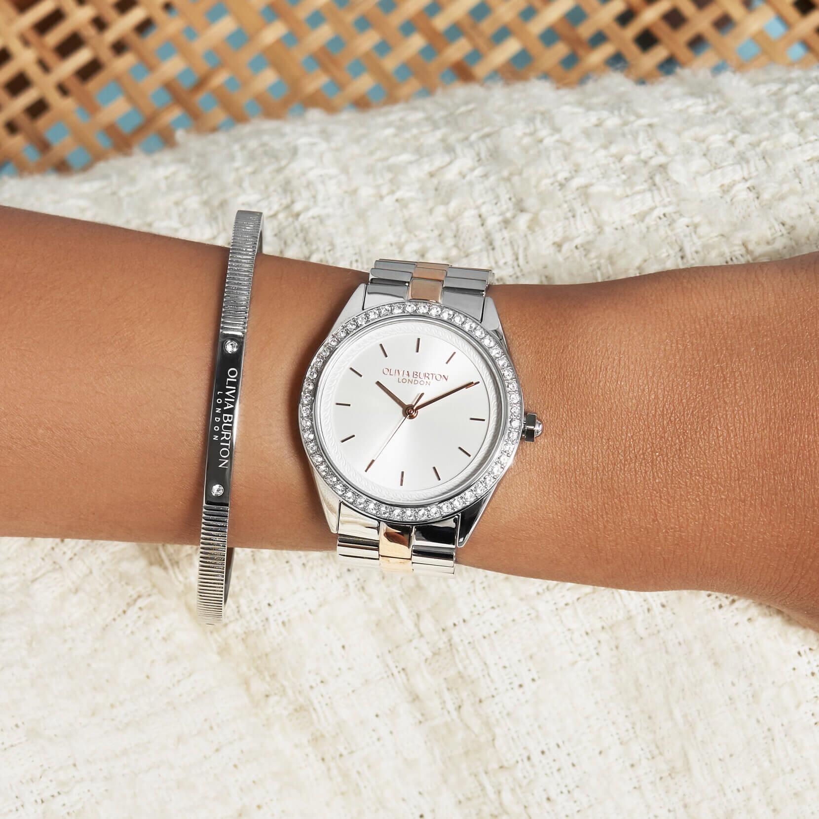 Bejewelled Silver Dial & Two Tone Bracelet Watch