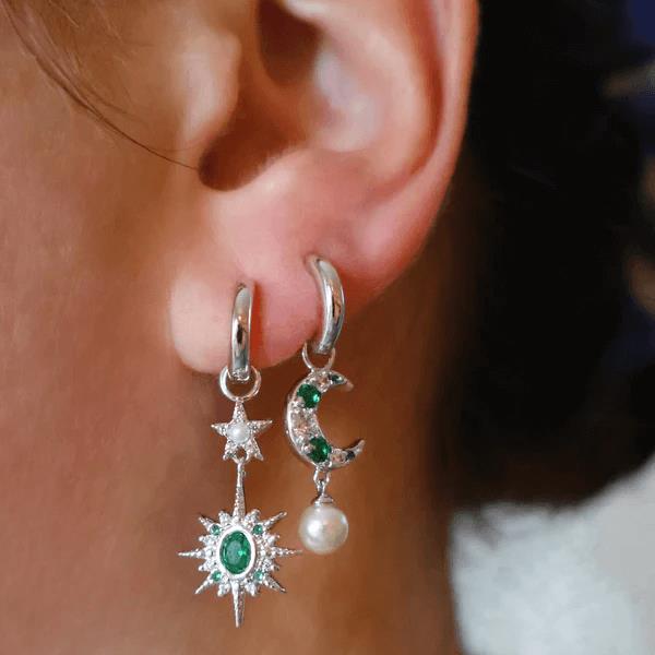 Luna Mismatch Moon & Star Huggies In Emerald CZ & Silver