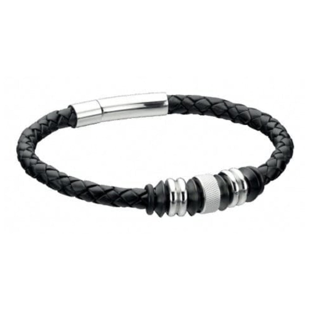 Gents Black Stainless Steel & Leather Disc Bracelet
