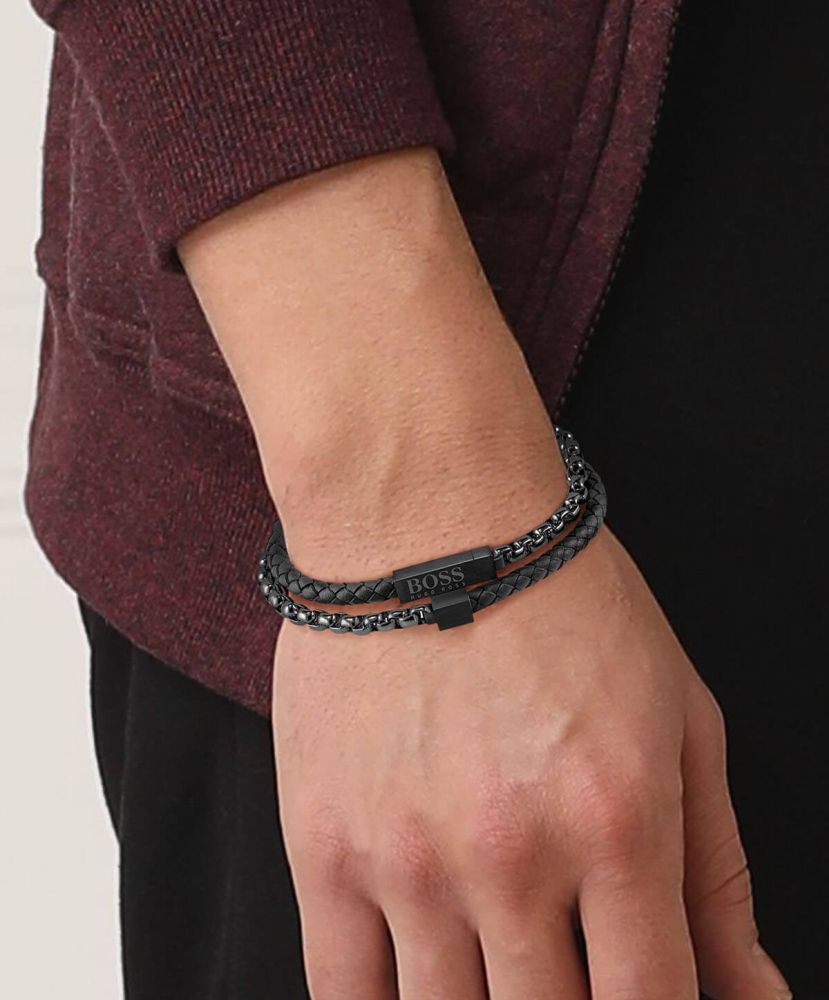 Blended Ionic Black Plated & Leather Gents Bracelet