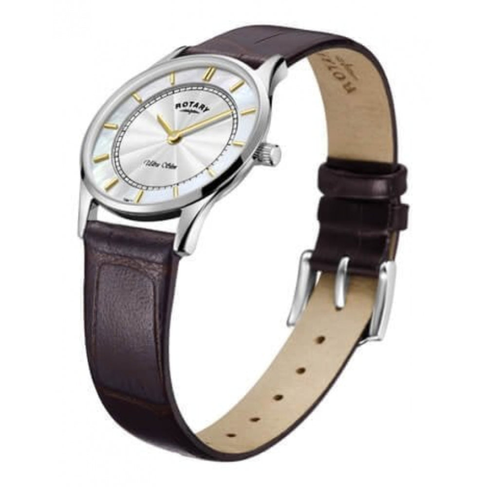Ultra Slim Stainless Steel White Dial With Brown Leather Strap Ladies Watch