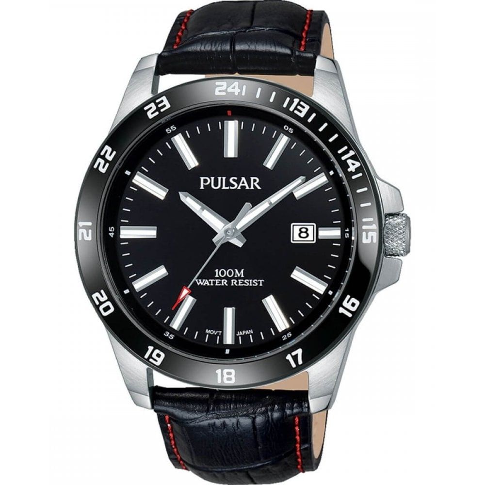 Stainless Steel Black Case With Black Date Display Dial & Black Leather Strap Gents Watch