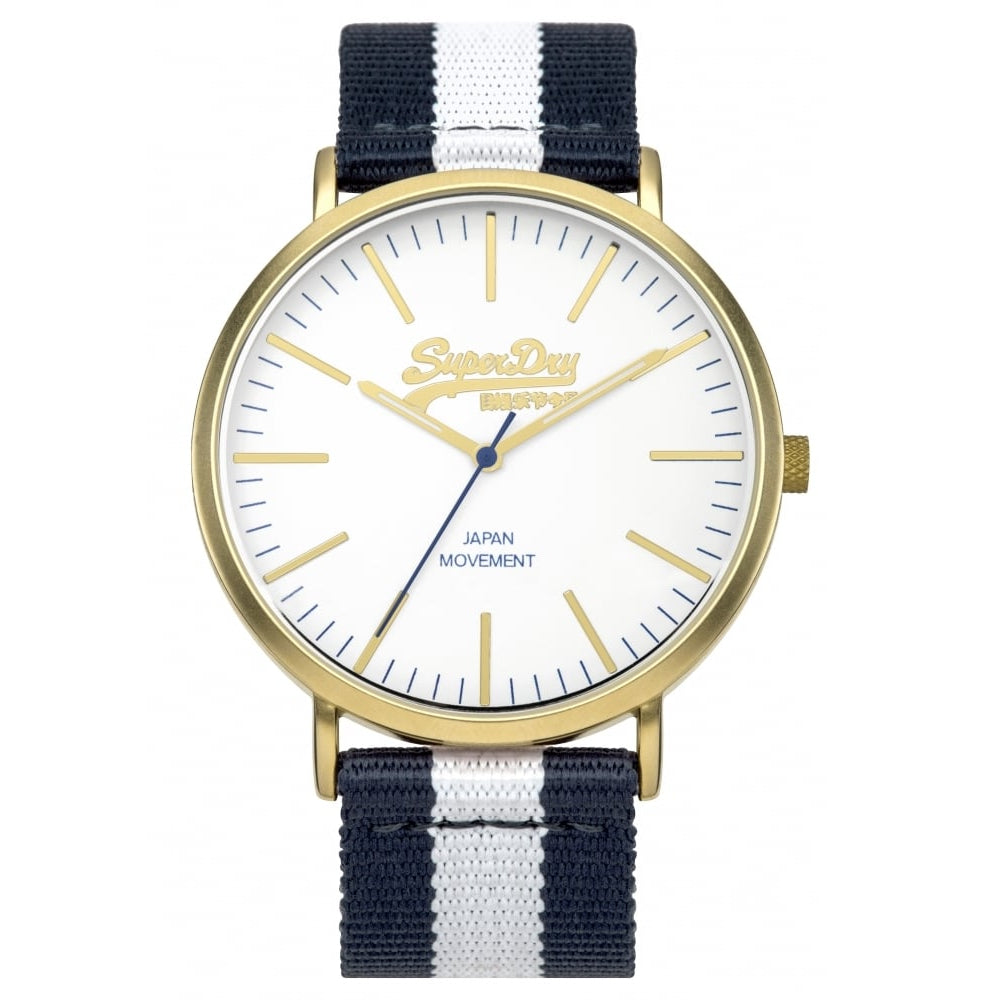Oxford Nylon Navy Blue And White Stripes With Black Leather Strap Watch With White Dial