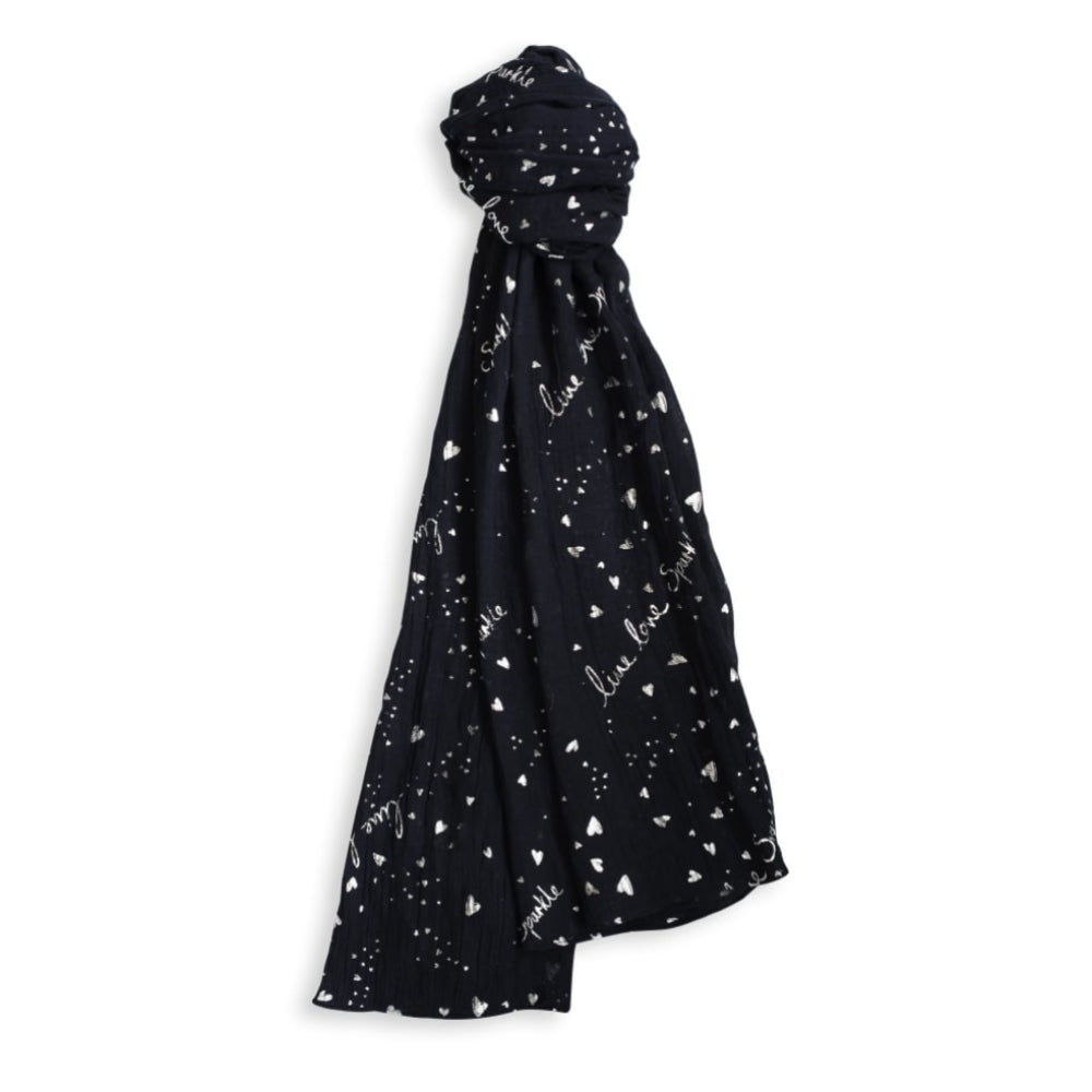 SENTIMENT SCARF - LIVE LOVE SPARKLE - navy/silver foil print - 184x86cm