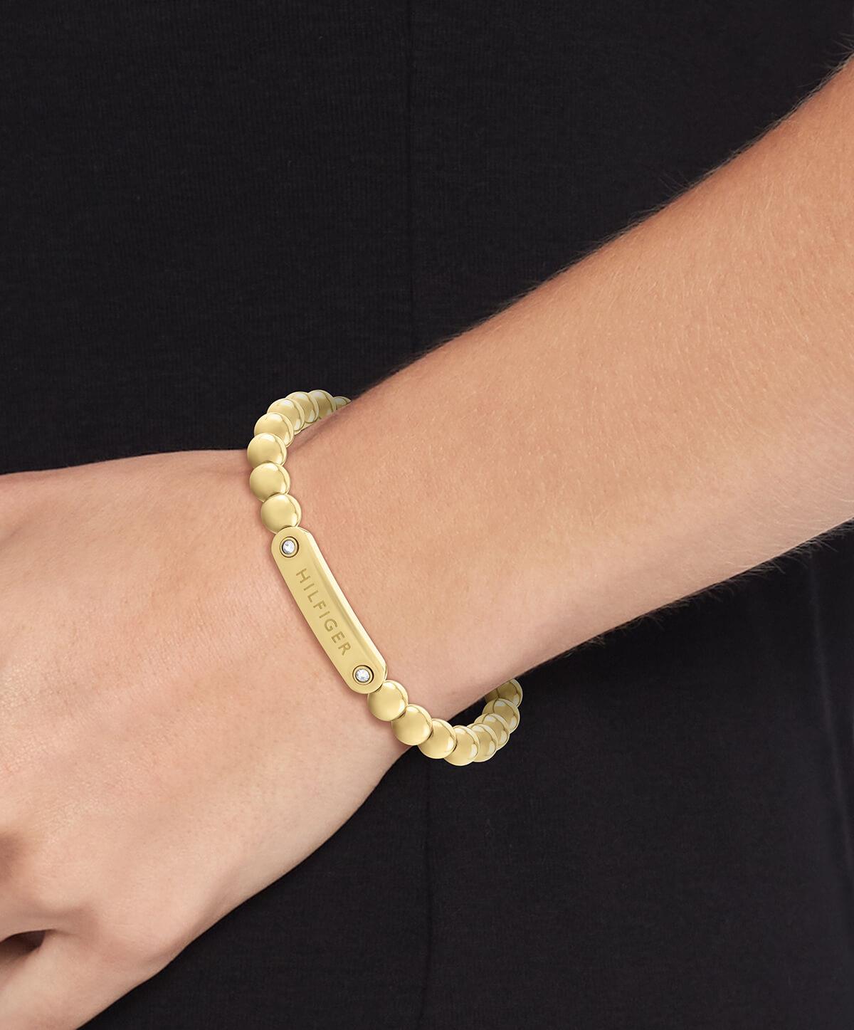 Women's Metal Beads Gold Plated Bracelet With Crystal Set Tag
