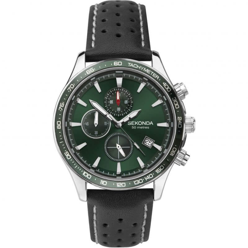 Dual Time Green Dial With Black Leather Strap Gents Watch