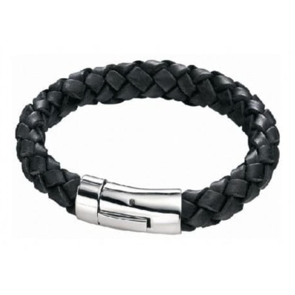 Thick Braided Black Leather Bracelet With Stainless Steel Clasp Bracelet
