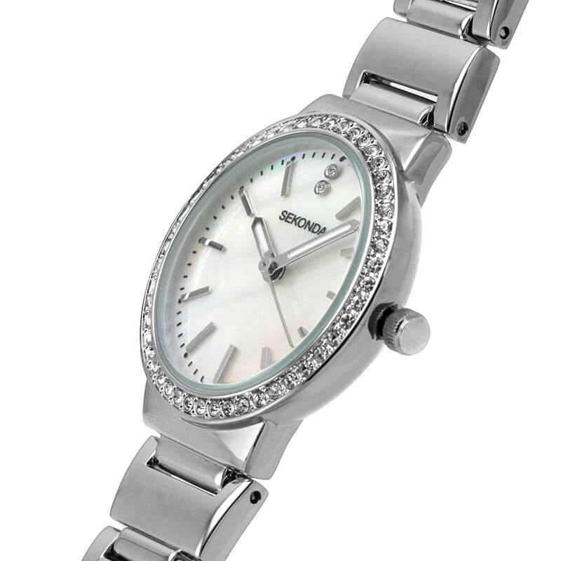 Stainless Steel Stone Set White Dial & Bracelet Strap Ladies Watch