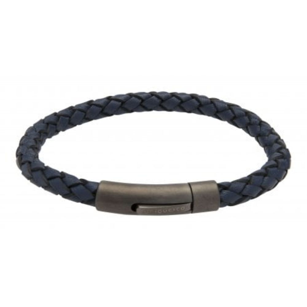 Blue Leather Bracelet Bl Edge With Matte/Gunmetal Ip Steel Clasp