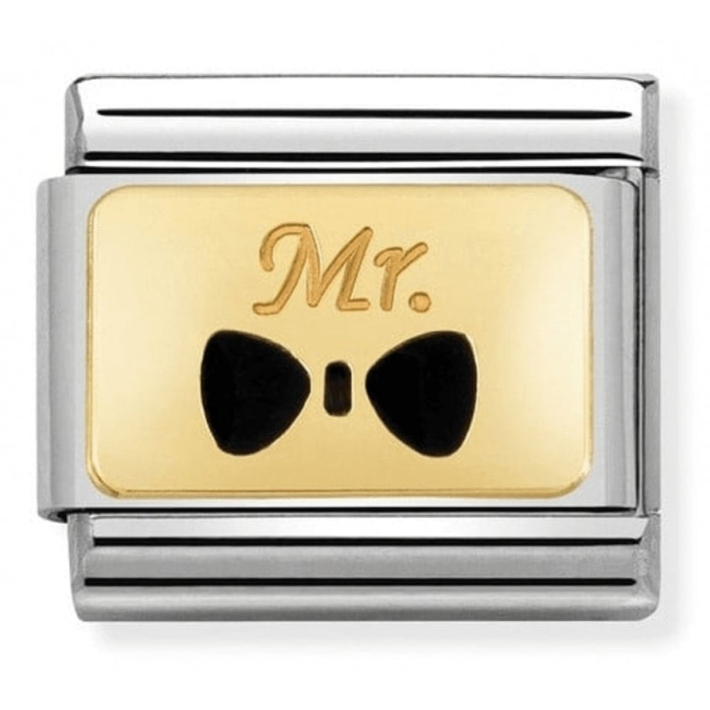 Composable Classic Engraved Mr With Bow Tie Stainless Steel Charm With Enamel And 18k Gold