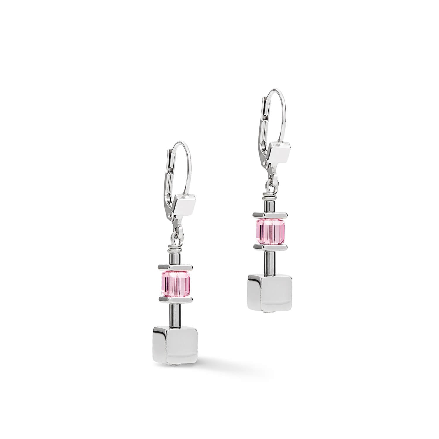 Silver Light Rose Geo Cube & Chain Pierced Earrings