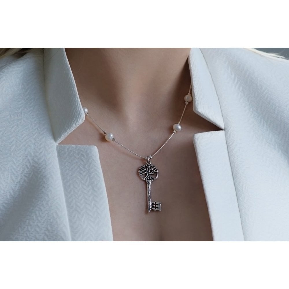 Necklace- Pretty Key-Tree Of Life Pendant With Freshwater Pearl