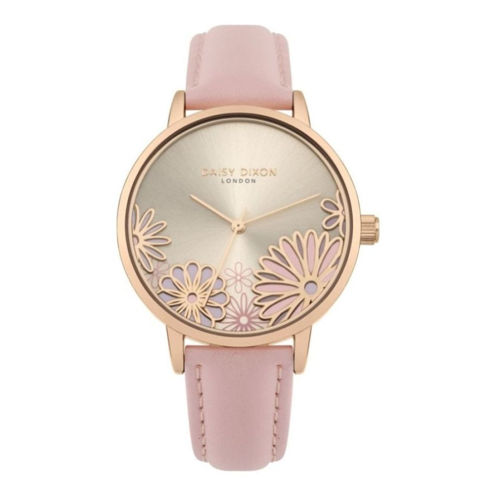 Pink Leather Strap With Rose Gold Flower Printed Dial Ladies Watch
