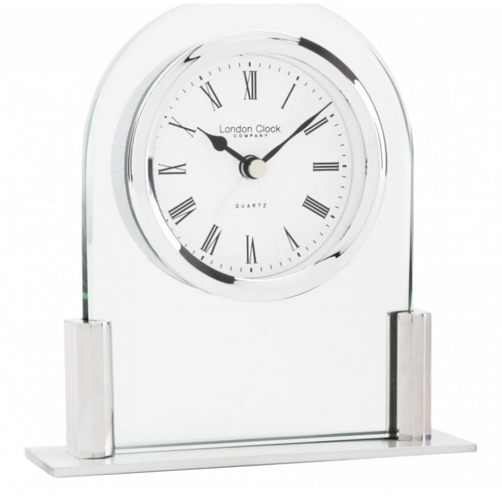 Glass Arch Top Mantel Silver Polished Clock