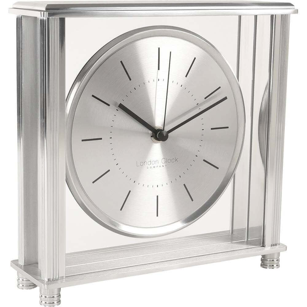 Square Metal and Glass Mantle Clock Large Silver