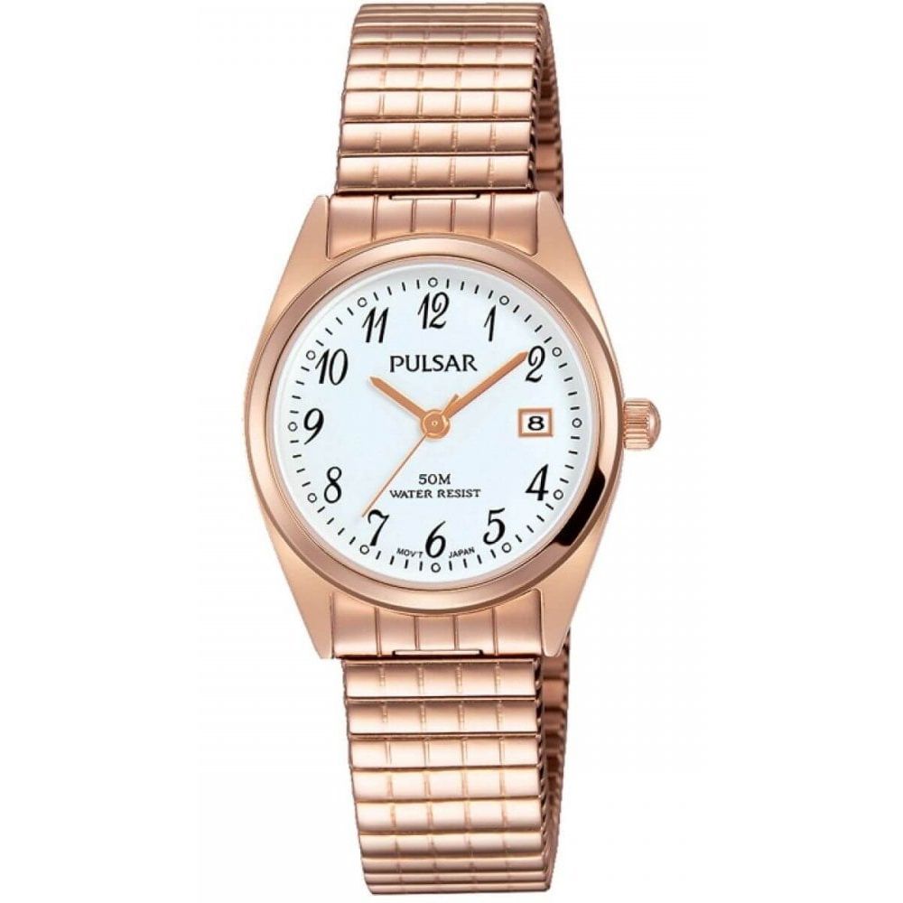 Rose Gold Plated Expandable Bracelet Strap & Case With White Date Display Dial Ladies Watch