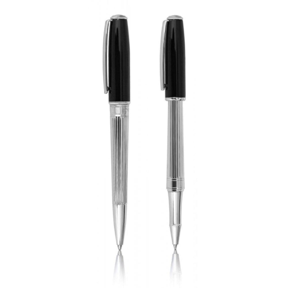 Set of Stripe Pattern Roller Ball & Ball Point Pen With Silver Base & Gloss Black Lid