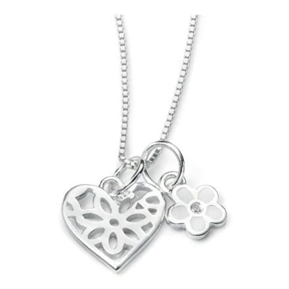 Girls Sterling Silver Filigree Heart & Flower Pendant