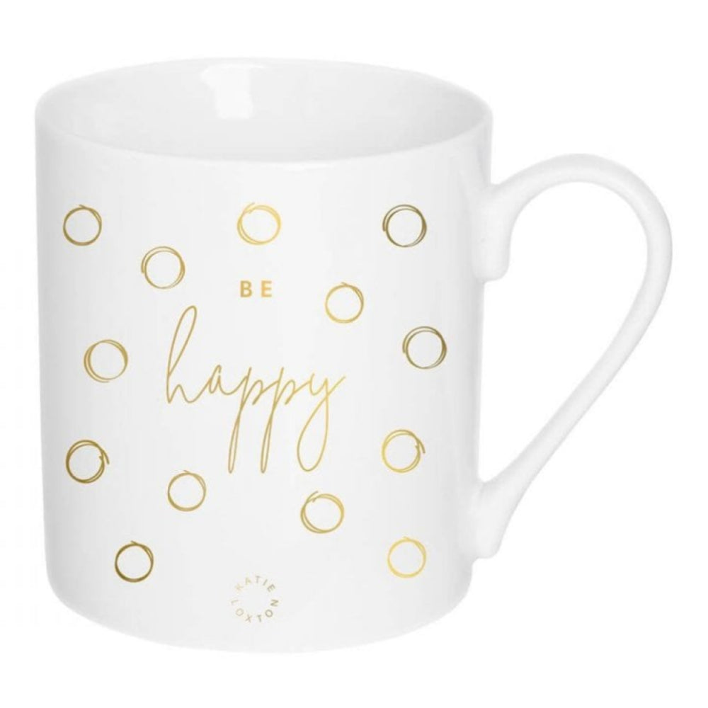 Gift Boxed Mug | Be Happy | White/Gold | 9.3 X 8.3 Cm