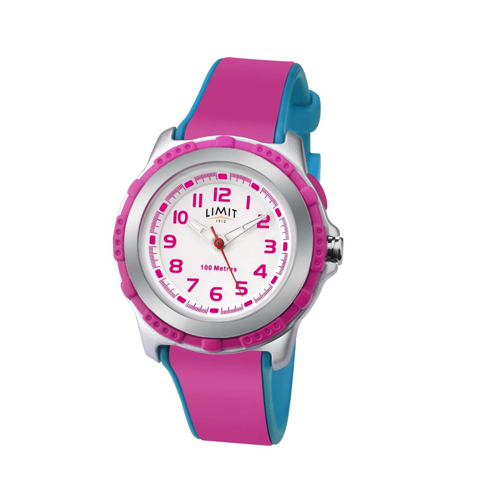Kids Pink & Blue Strap With White Dial Plastic Watch