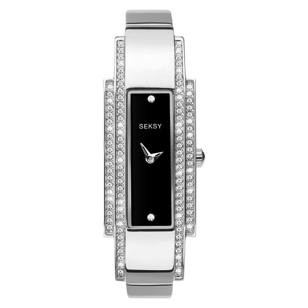 Stainless Steel Stone Set Bracelet & Rectangular Case With Black Stone Set Dial Ladies Watch