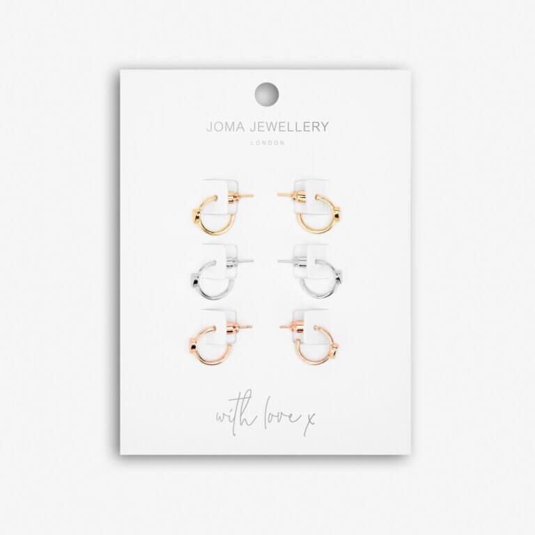 Florence Hearts | Heart Hoops | Silver Rose Gold And Gold | Set Of 3 Hoop Earrings