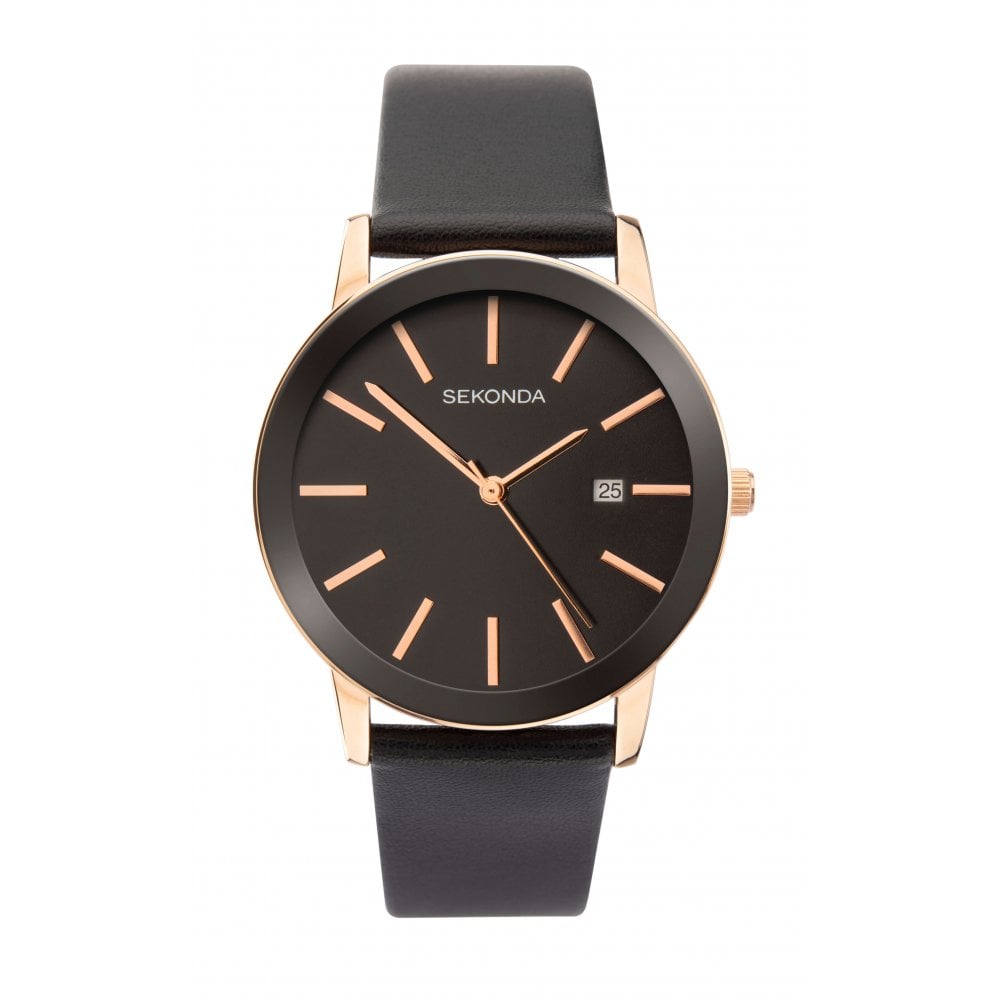 Rose Gold Plated Black Dial & Black Leather Strap Gents Watch