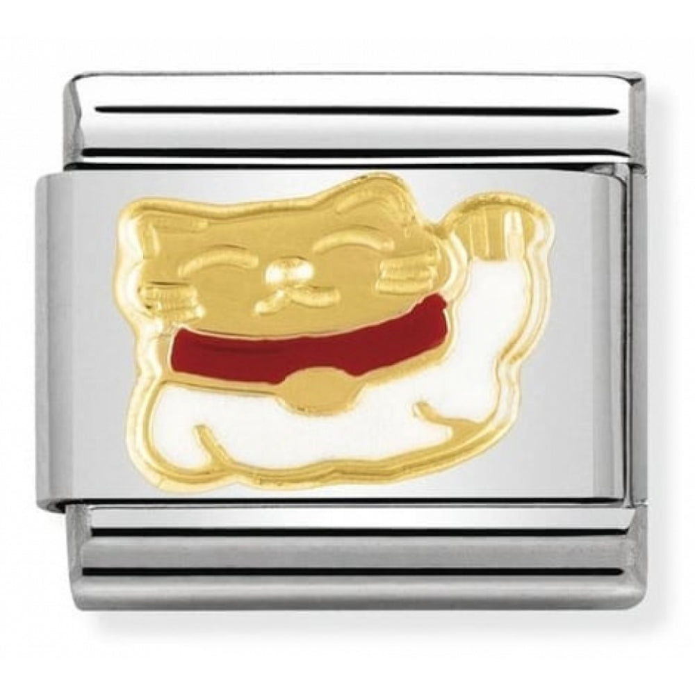 Classic Maneki-Neko In Stainless Steel With Enamel & 18k Gold Charm