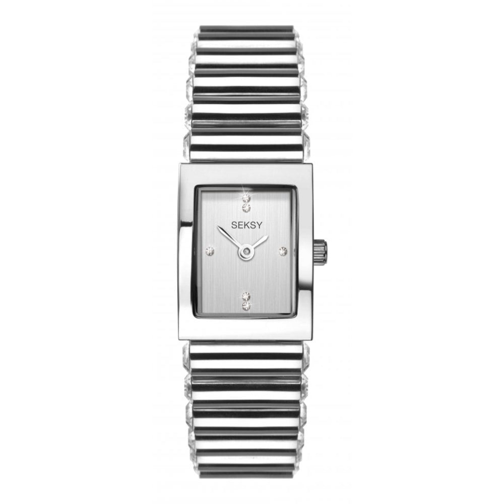 Rectangular Case With Silver Stone Set Dial & Bracelet Strap Ladies Watch