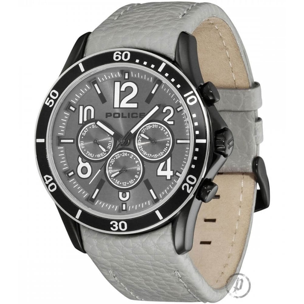 Black IP Case With Grey Multi Dial & Grey Leather Strap Theory Gents Watch