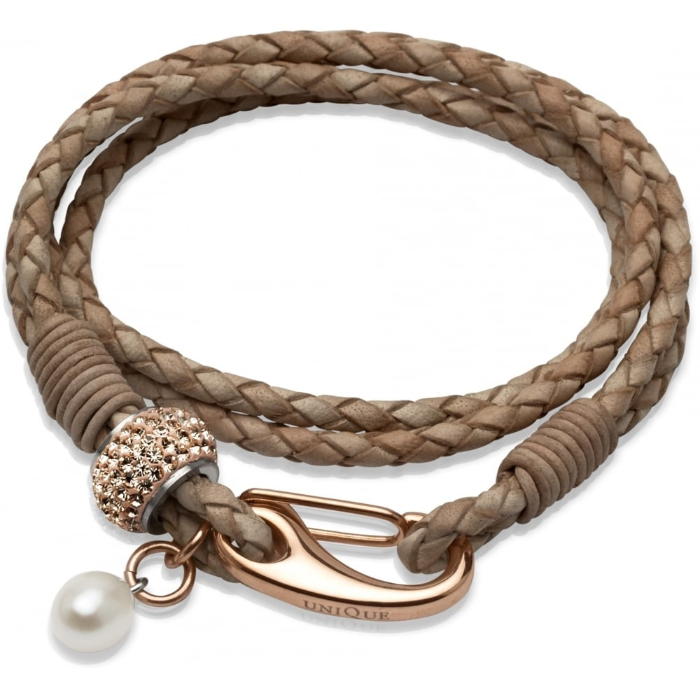 Natural Leather Bracelet Rose Clasp Rose CZ Element and Pearl Charm
