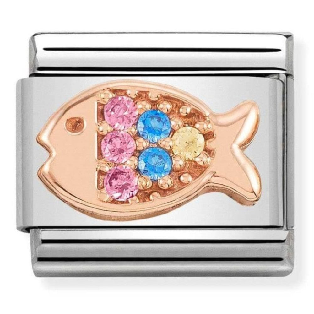 Composable Classic Symbols In Steel, 9k Rose Gold Fish with Multi-Coloured CZ Stones Charm