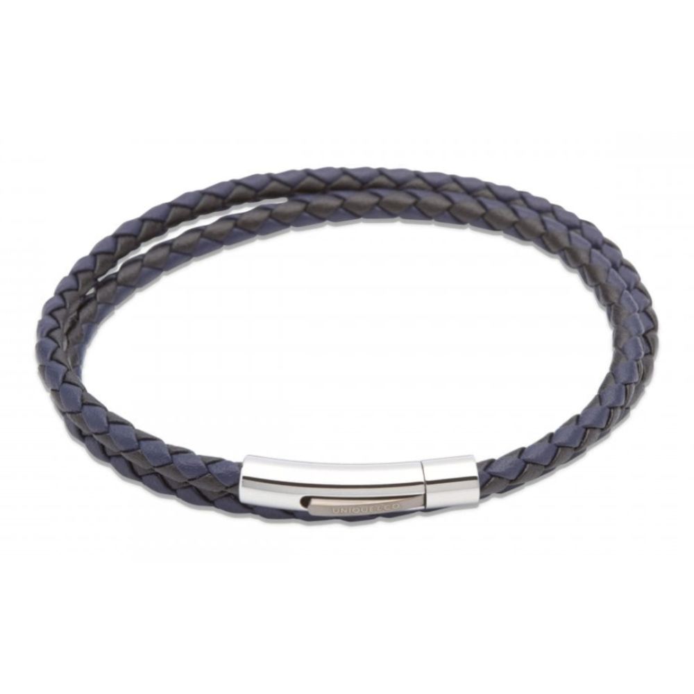 Black/Blue Leather Bracelet-Steel Clasp-I.P. Gun Metal Plating