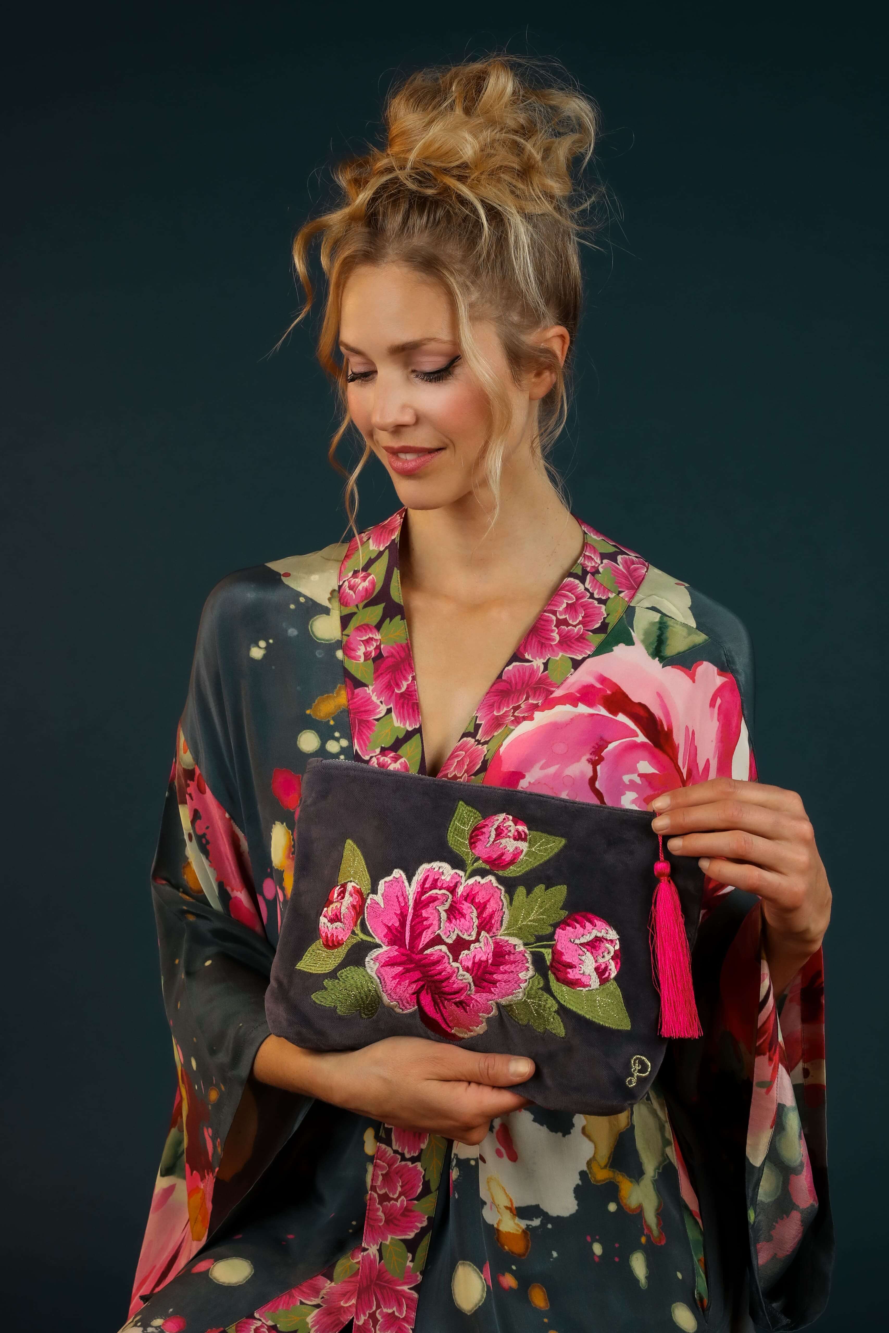 Painted Peony Velvet Zip Pouch